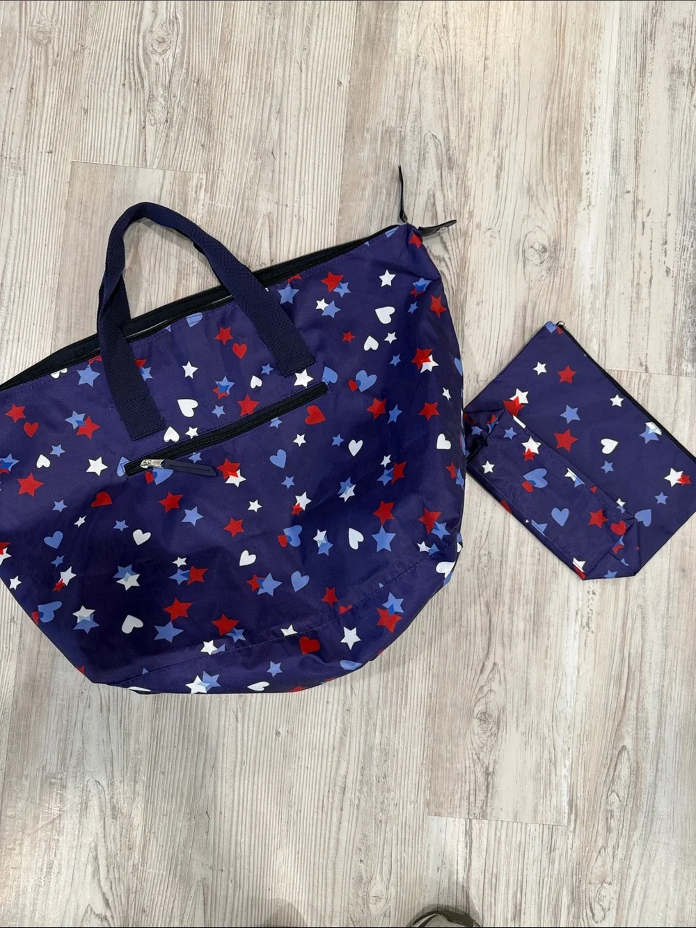 Navy Star & Heart Print Foldable Tote with Pouch